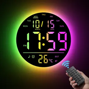 EASYERA 10" Large Circle Digital Wall Clock with Remote Control, Music-Sync, Round clock with RGB Atmosphere Lights with 11 Scenes Mode, Dual Alarms, Timer Clock for ADHD, Focus Tool, Classroom, Game Decor Goods Auto Dst Adjustment