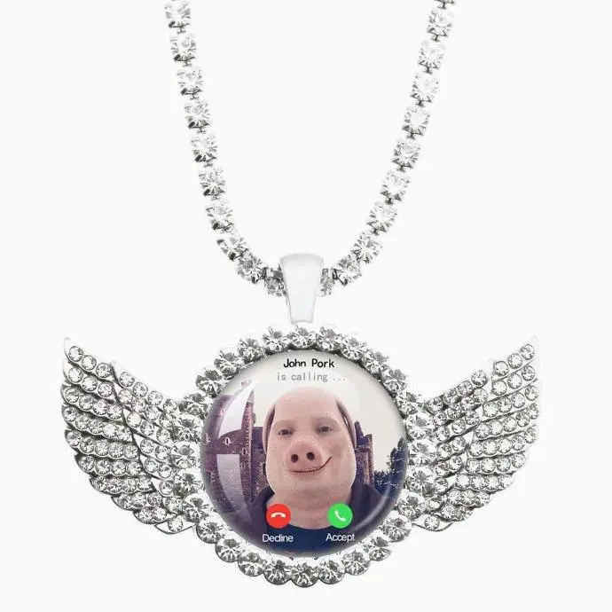 John Pork Calling Tennis Necklace - Funny Moon Design Quirky Internet Character Pig Meme Pendant, White Gold Simulated Diamond Chain, Adult Statement Piece, Unique Gifts for Adults, Female Fashion Accessories
