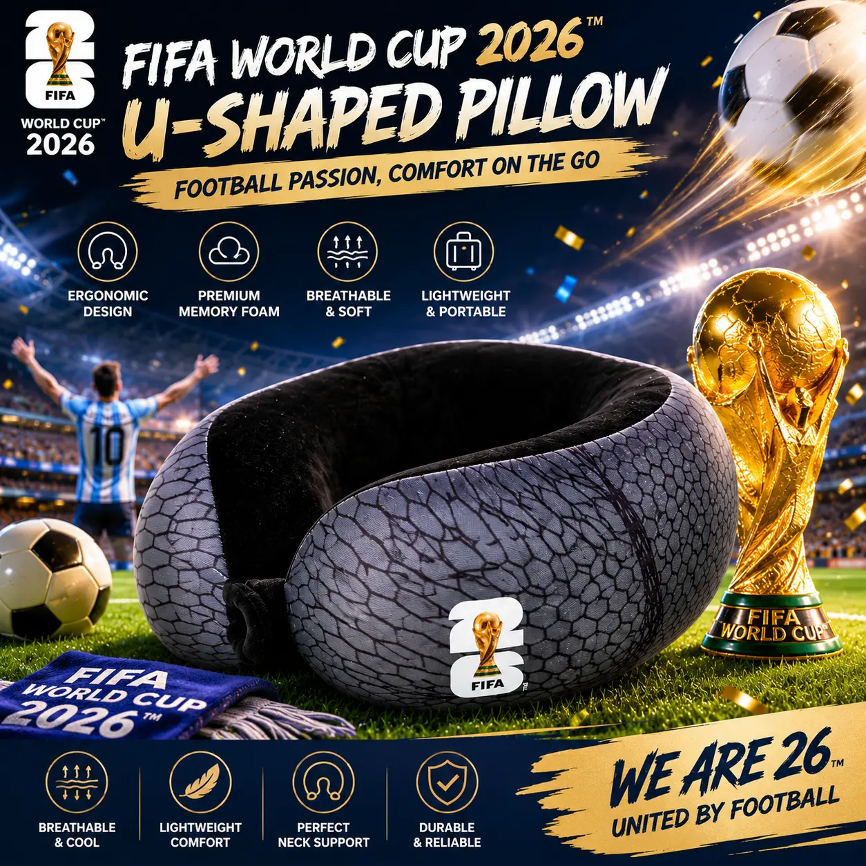 MINISO FIFA World Cup 2026 Stuffed U-Shaped Memory Plush Neck Pillow, Soft Neck Rest Cushion for Airplane, Car Use, Back To School