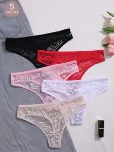 Women's Lace Patchwork Thong Panties Set, 5 Pieces, Comfortable Underwear for Daily Wear, Stylish and Breathable Lingerie, Sheer Lace Panty, Fitted Panty