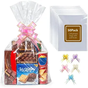50 Pack Cellophane Bags with Pull Bows,16x 20 Inches Clear Hampers Bags for  Baskets,Halloween, Easter, Christmas Fruit Basket and  Packaging