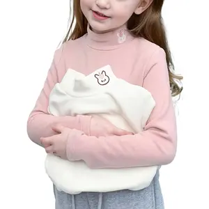(New)[Easter Gift] Girls’ 2pcs Fleece-Lined Long Sleeve Tees |           Double-Sided Thermal + Rabbit Embroidery |           Fall-Winter High Neck