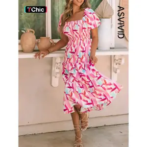 Women's elegant mid length dress with all-over print, smocked bust, ruffled details and tiered layers