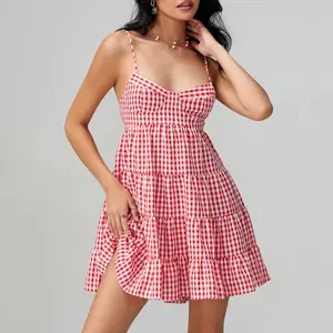 Women Spaghetti Strap Cami Dress Plaid Sweetheart Neck Tiered Hem Back Lacing Short Dresses