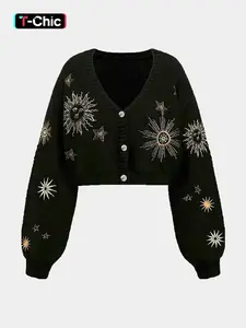 New Knitted Cardigan with Plant Snake Embroidery, Elegant Loose-Fit Long Sleeve Sweater, Knitwear, Fall & Winter Fashion, Soft and Comfortable