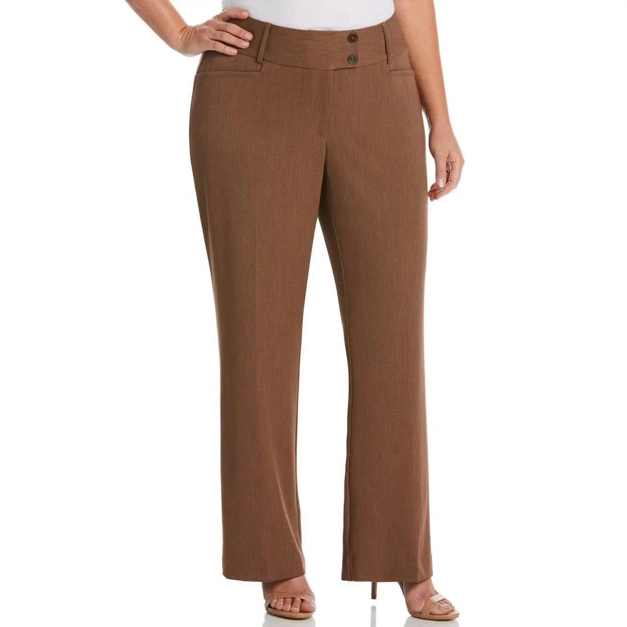 Rafaella Women’s Plus Size High-Waisted Curvy-Fit Gabardine Bootcut Pants - Classic Cut Business Casual Blend Fabric Hip-Flattering Minimalist Bottoms, Brown, 8P, NWT, $89, Business Casual Pants, High Waisted Pants