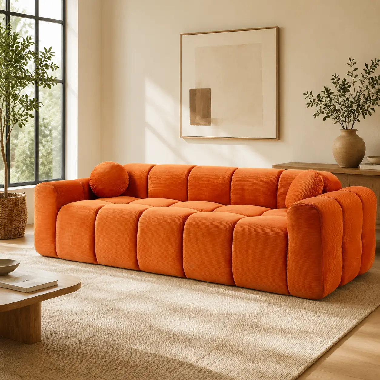 98.4 in Elongated Orange Corduroy Cloud Couch, 3-Seater Extra Large Pre-Assembled Compression Sofa with Fixed Arms, Deep Seat Boneless Sofa-in-a-Box with 2 Pillows for Living Room, Apartment