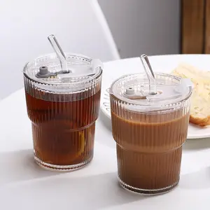 360ml Transparent Stripe Glass Water Cup with Straw & Lid, 1/2/4 Counts Glass Drinking Cup with Straw & Lid, Summer Cool Bottle Straw Drinking Cup for Home Office Use, Glass Cup Set
