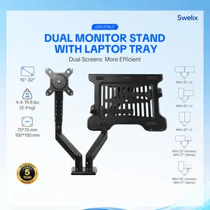DUAL MONITOR STAND + LAPTOP TRAY—Gas Spring Arm for 32", 19.8lbs Max, C-Clamp or Grommet, Gaming & Home Office