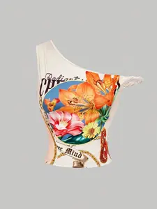 Women's Fashionable Off-Shoulder Top with Printed Design, Boho Sleeveless Top, Perfect for Daily Beachwear, Stylish Ladies' Casual Wear