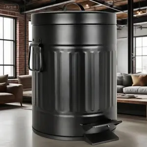 Rustic Matte Black Trash Can with Lid, Pet Proof Step Waste Bin for Bathroom and Kitchen, Retro Metal Wastebasket 5L/1.3 Gal, Durable Small Farmhouse Design, Odor Control Latch Lid Autumn Bucket Set