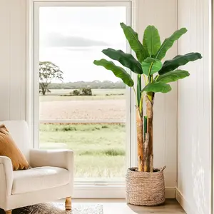 Faux Banana Tree 5ft/6ft/7ft Artificial Plant with Grey Planter Decorative Home Office Tropical Ornaments for Father's Day Gifts Decoration Fruit Pot