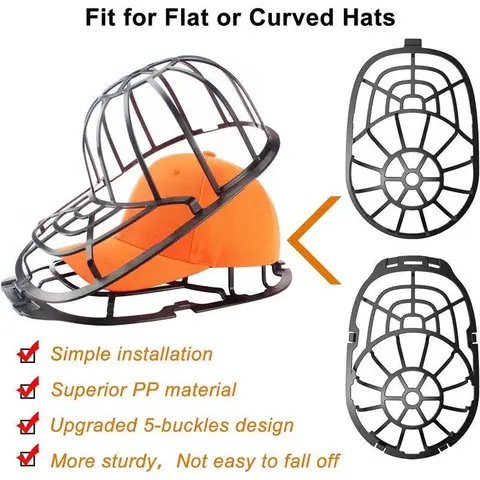 Plastic Adjustable 5-Buckle Hat Washer Cage, Laundry Accessories with Durable 5-Buckle Frame Stays Firm, Energy-Saving Cleaning Tool for Adult and Kids Hats, Top-Rack Dishwasher/Washing Machine Safe, Black