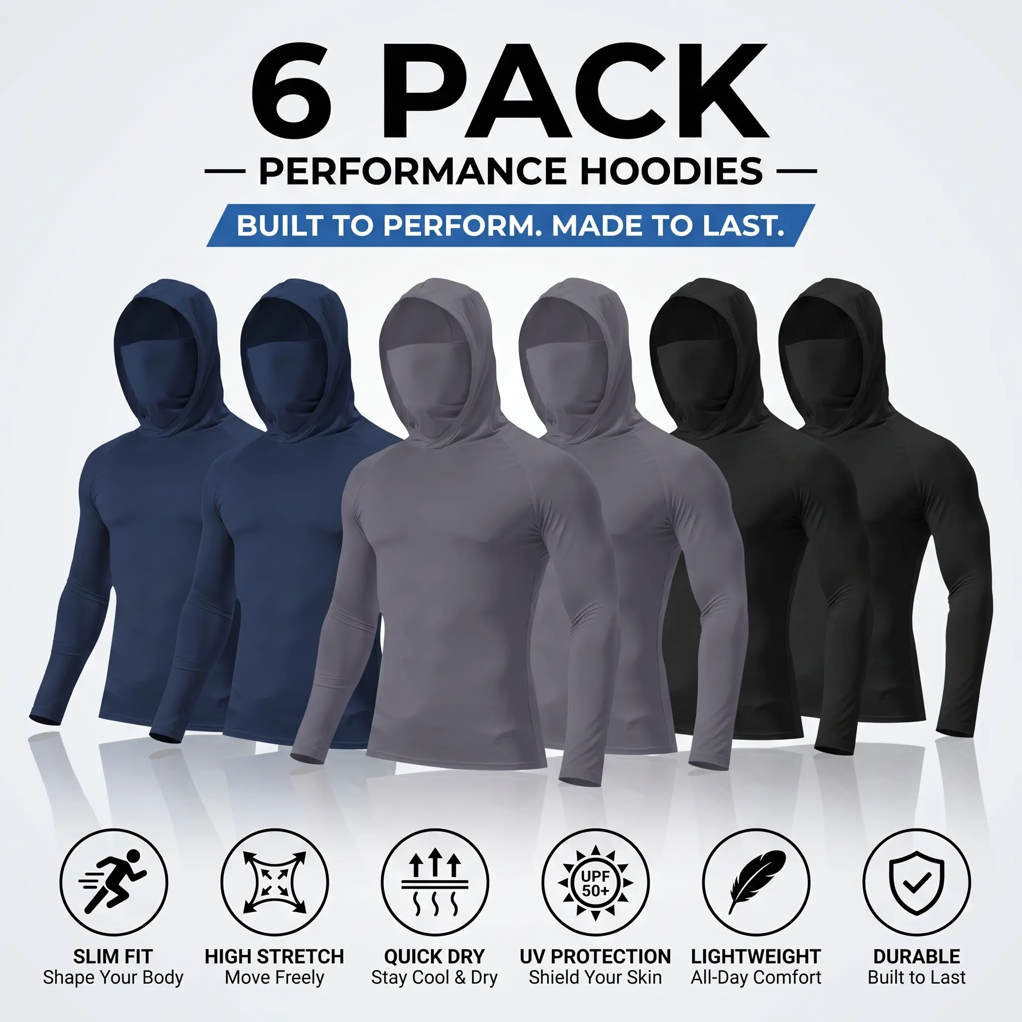 【6-Pack】Men’s Outdoor Work Sun Protection Hoodies, Breathable Long Sleeve Shirts with Built-in Face Cover for Construction, Fishing, Hiking, Yard Work