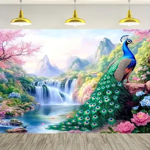 60in x 40in 1pc Rustic Polyester Peacock & Waterfall Scenery Backdrop, Durable Fairyland Animals Background Cloth for Yard & Garden, No Electricity Needed, General Fit Occasion
