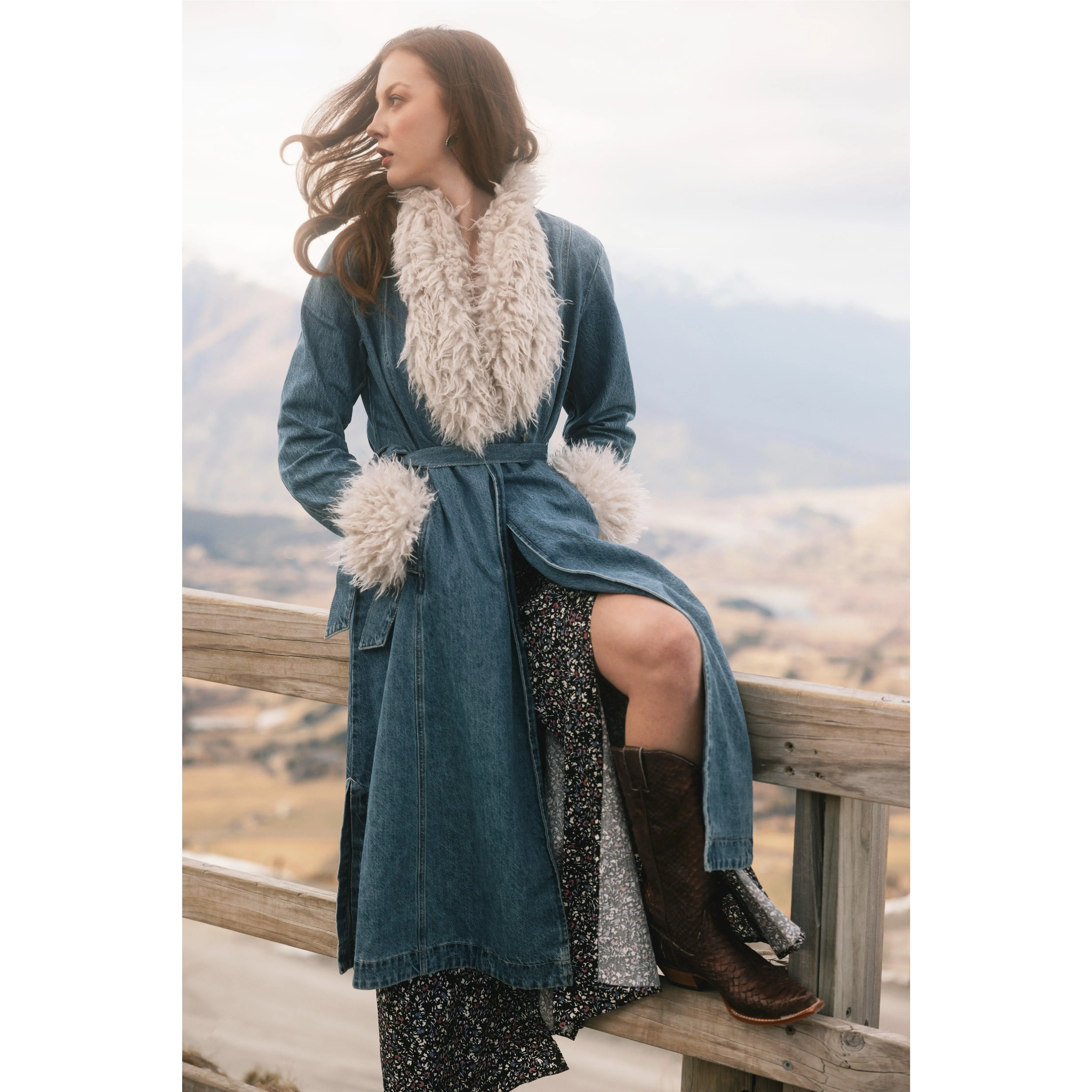 Women's Thistle Long-Sleeve Solid Denim Fur Collar Trench Coat - Idyllwind Outerwear with Buttons and Pockets