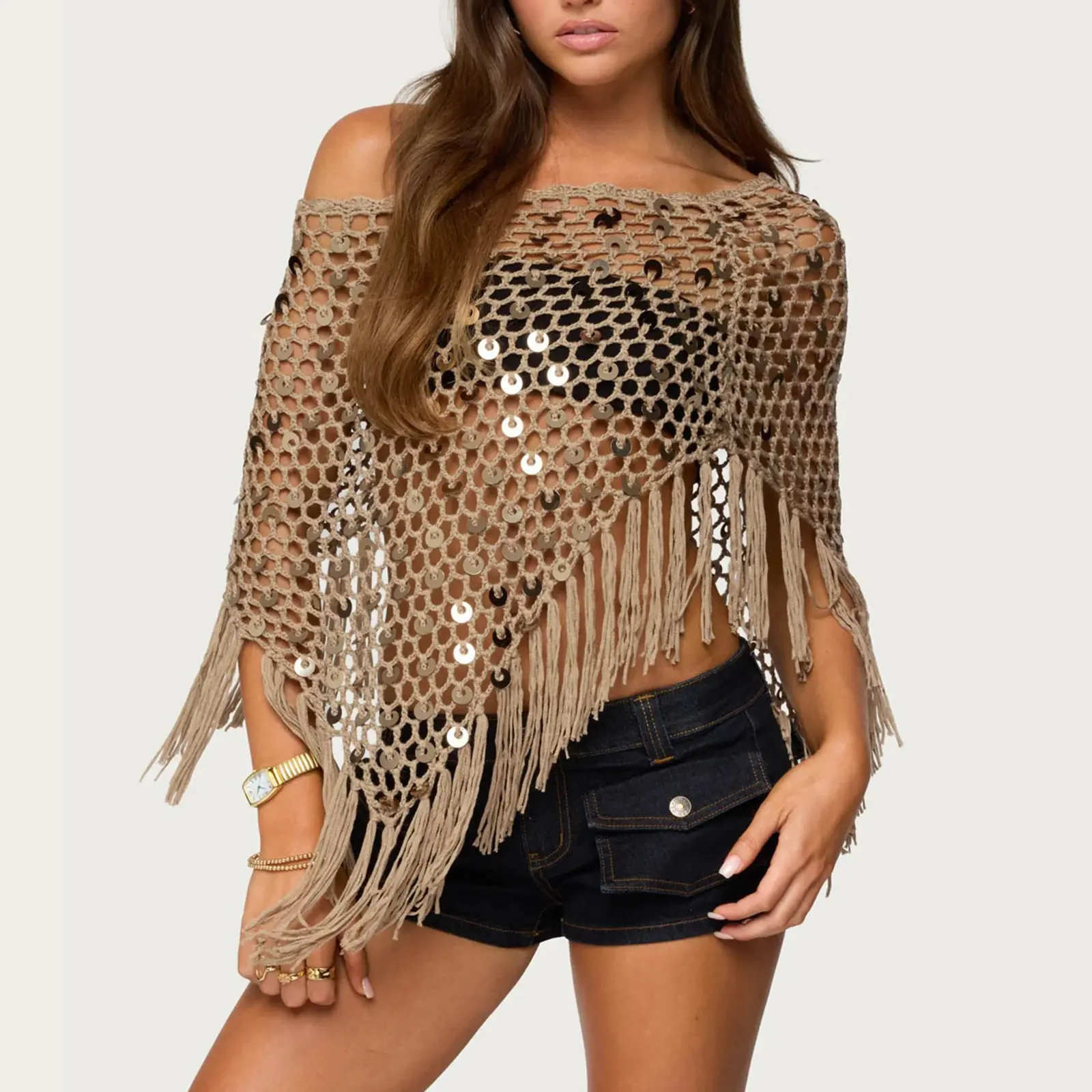 Women's Sequined Knitted Raincoat With Tassel Hem, Off Shoulder, See Through Crochet, Open Top Transparent Scarf, Lightweight Beach Cover, Suitable For Daily Gatherings And Holiday Events