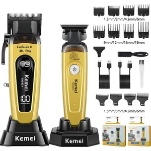 Kemei Hair Trimmer for Men, Wireless Professional Beard Trimmer, Hair Clipper with Stand, 11501 Rpm, LED Display, Hairdressing Care Kit