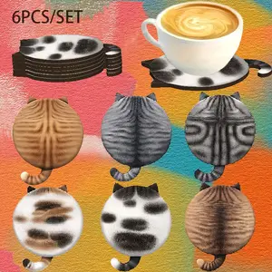 🍻🐾 Set of 6 Wood Drink Coasters - Cute Cat Series for Pub Bar Kitchen - Rustic Wooden Table Protector for Coffee Beer Mug - Farmhouse Bathroom Home Decor Accessories