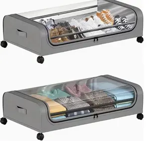 [Under Bed Storage] 2pcs Under Bed Storage Organizer Metal Underbed Bins With Wheels And Lid Metal Underbed Storage Containers Under Bed Rolling Storage For Clothes, Bedding, Shoes, Blankets, Books, Toys, Under-Bed Storage