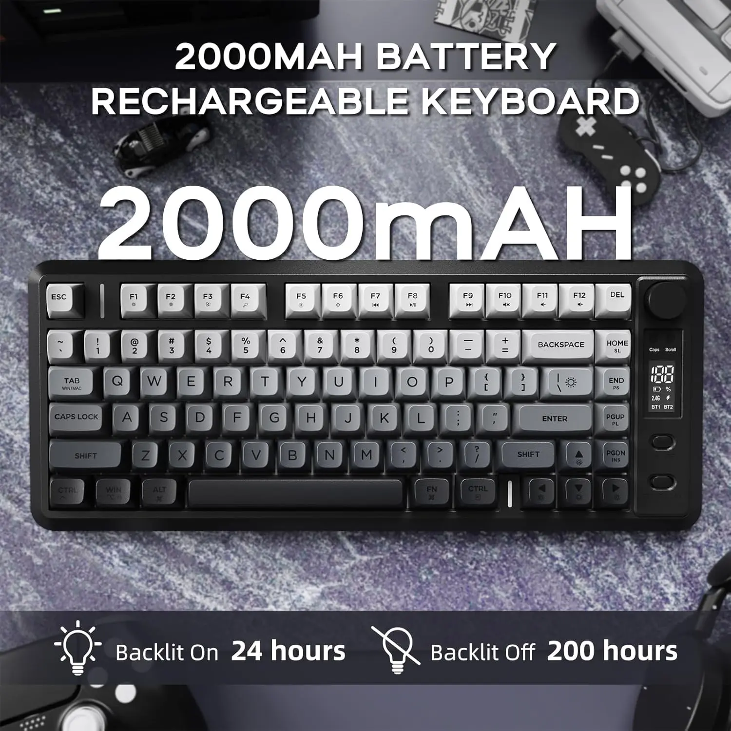 M75 Wireless Keyboard, 2000mAh USB Rechargeable Keyboard with Knob Control & Display Screen, Compact Keycaps for MAC/Win, Wireless Computer Keyboard