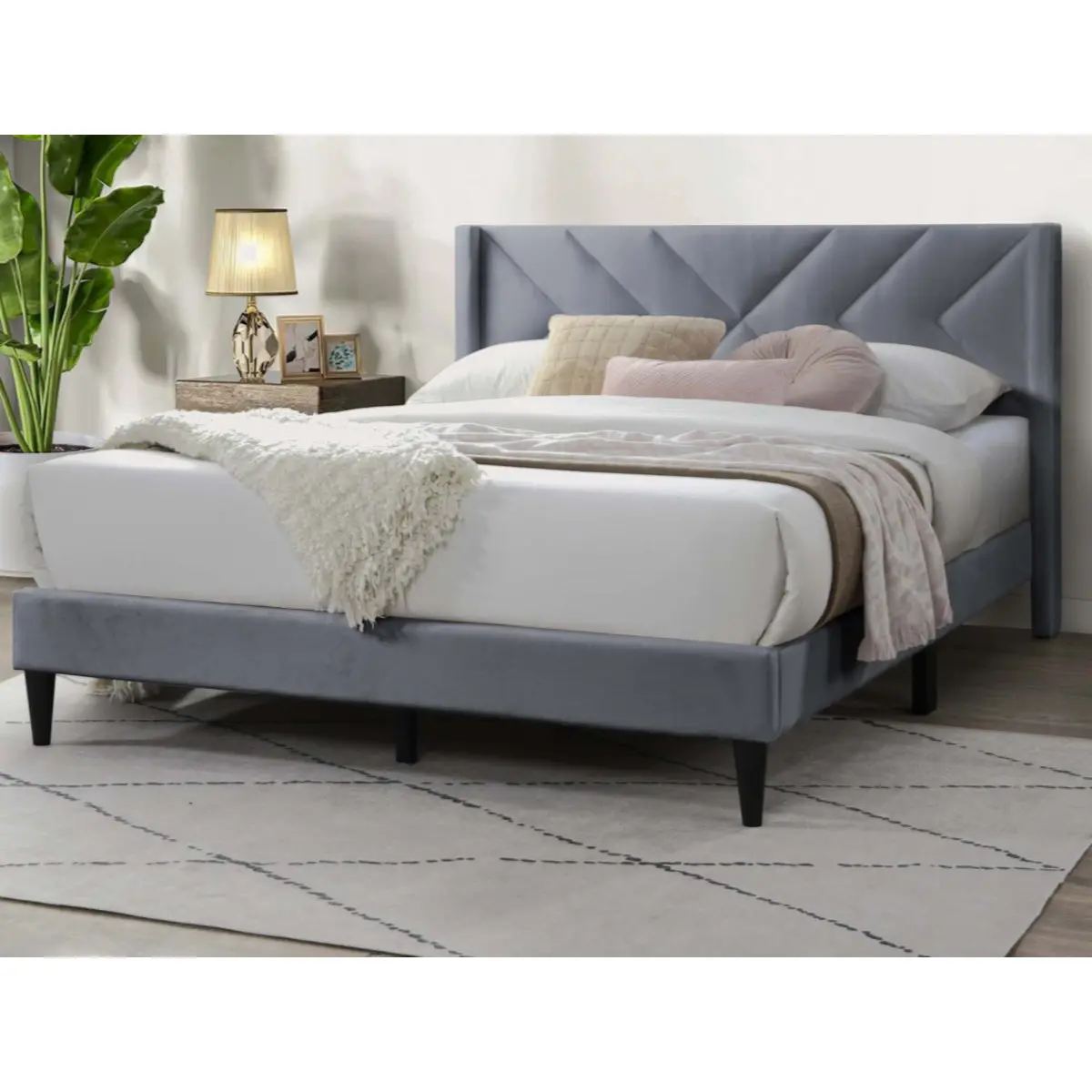 [Back to School] EBELLO Elegant Modern Gray Velvet Upholstered Queen Size Bed Clean Lines Design Headboard 1pc Bede
