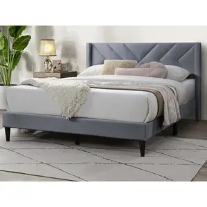 [Back to School] EBELLO Elegant Modern Gray Velvet Upholstered Queen Size Bed Clean Lines Design Headboard 1pc Bede