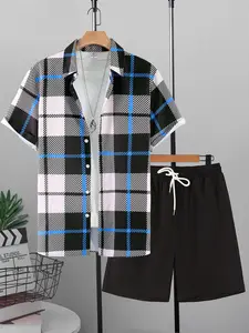 Men's Black, White & Blue Plaid Home Loungewear 2-Piece Set, Casual - Short-Sleeve Lapel Button-Down Shirt + Elastic Drawstring Waist Black Shorts, Lightweight Breathable Fabric, Relaxed Street Style, Ideal for Weekend Lounging, At-Home Relaxatio