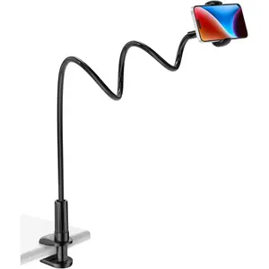 Gooseneck Phone Holder Stand for Bed Flexible Arm Adjustable Cell Phones Mount Clamp on Desk Bedframe Compatible with iPhone 14 Pro Max 13 12 11 X SE Series/Samsung S22 or Other 4"-7" Devices Protective Silicone Smartphone Cellphone Protection Black