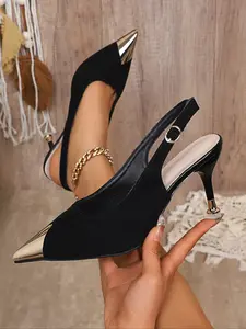 Women's Black Suede Pointed-Toe Slingback Pumps with Gold Metal Toe Cap Thin Stiletto Heel Buckle-Strap Design Elegant Office Party Dress Shoes Evening Formal Footwear Casual Daily Fashion Footwear