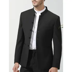 Men'S Casual Stand Collar Chinese Style Tang Suit Jacket, Solid Color Polyester 80% Viscose 20% Blend, Skinny Fit with Button Detail, All Season Woven Fabric, 230g/m² Slight Stretch - Single Piece Tops Long Sleeve Black Coats Menswear  Clothes Traditional