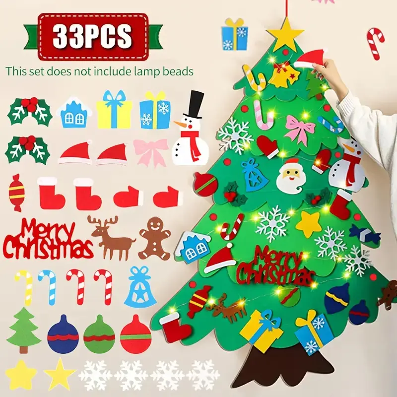 DIY Felt Christmas Tree Set (33 Pieces), No Lights Included, Decorations & Snowman, Perfect for Holiday Gifts, Home Decoration