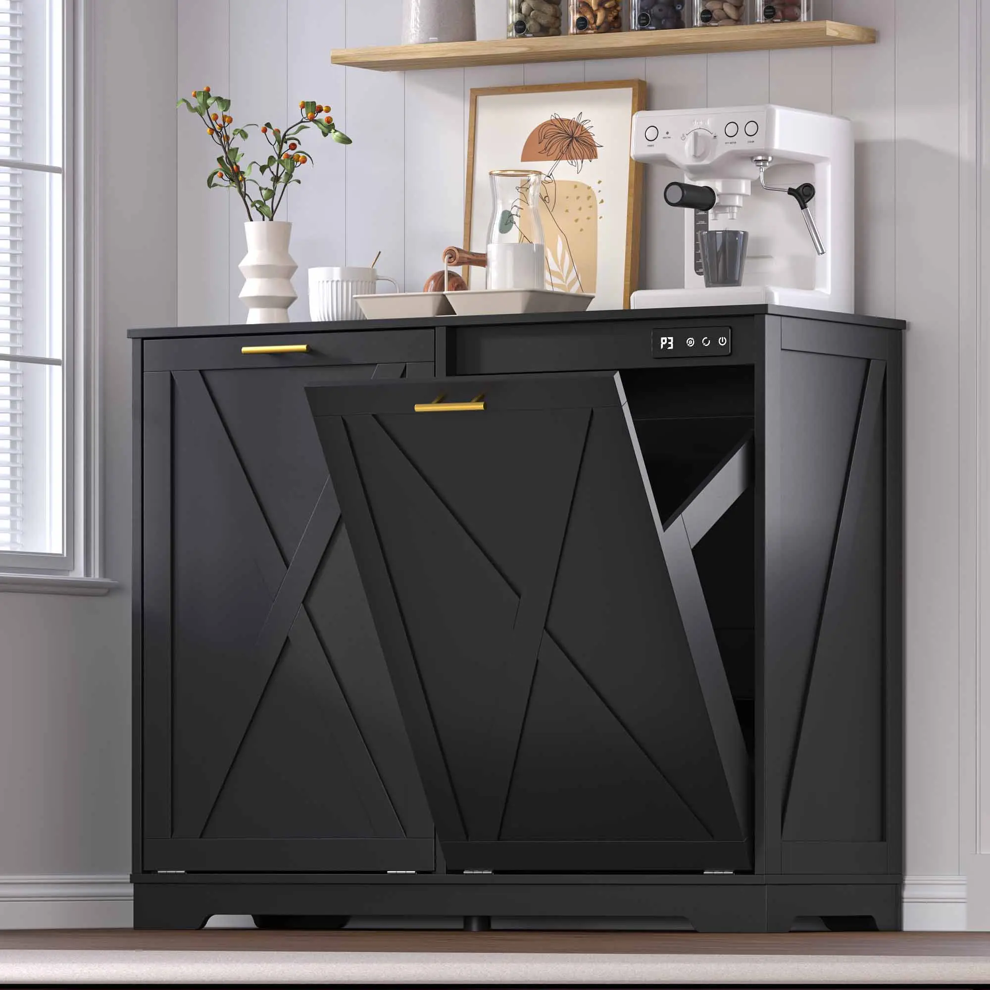 Tilt Out Trash  Cabinet for 2 Bins, Hidden Recycle Garbage Bin Enclosure, Wooden Double Laundry Cabinet with Odor Control, Negative Ion & Ozone, for Kitchen, Bathroom, Laundry Room