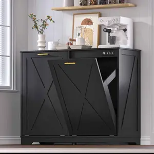 Tilt Out Trash  Cabinet for 2 Bins, Hidden Recycle Garbage Bin Enclosure, Wooden Double Laundry Cabinet with Odor Control, Negative Ion & Ozone, for Kitchen, Bathroom, Laundry Room