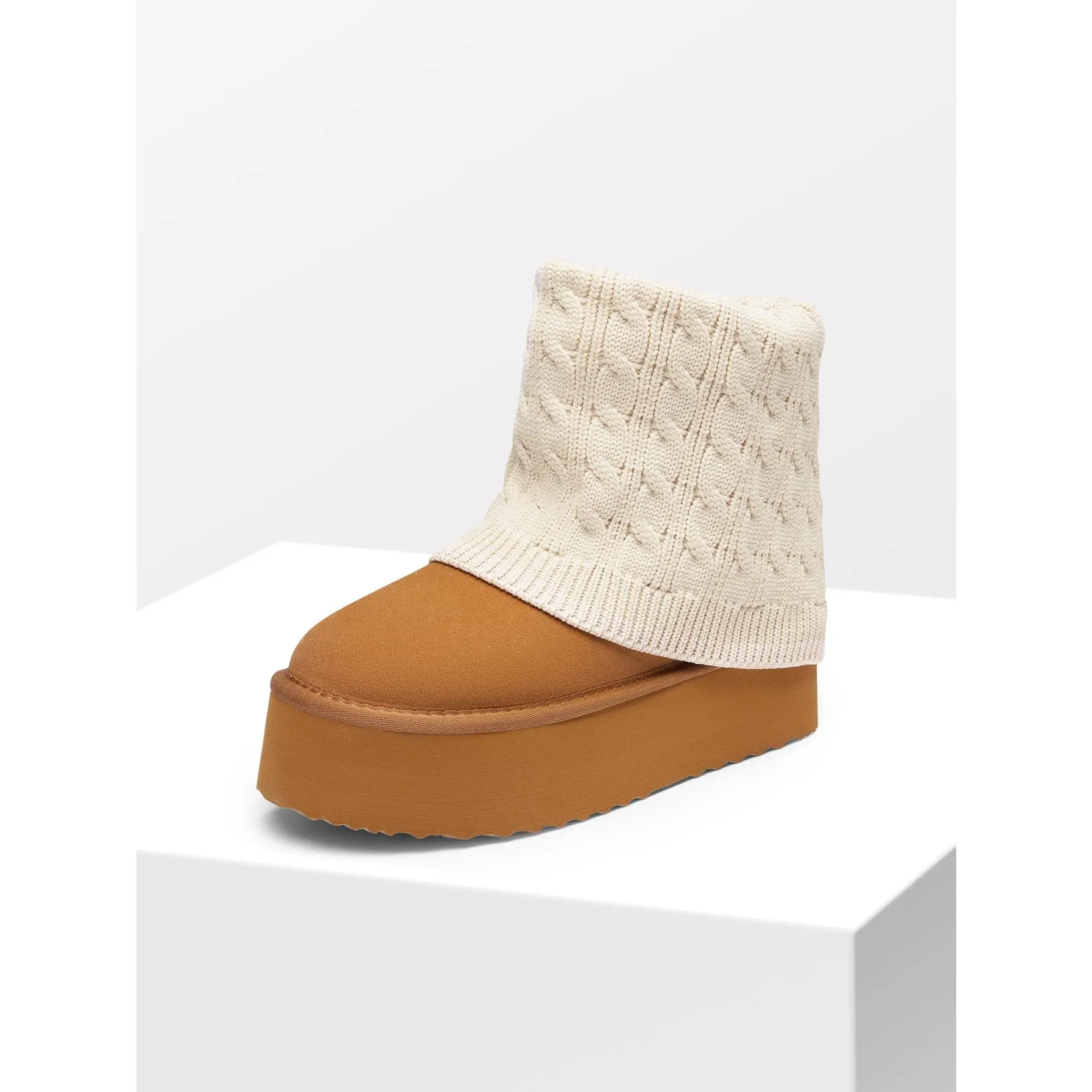 Dream Pairs Women's Leather Knit Platform Winter Ankle Booties - Comfy Knitted Cable Cuff, Warm Faux Fur Lining, Memory Foam, TPR Sole Footwear