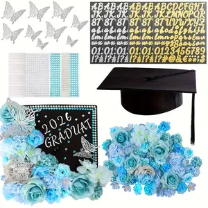 59 Pcs DIY Grad Cap Decoration Supplies Artificial Flowers 3D Butterflies Sequin Letter Stickers Glitter Paper for Graduation Hat Topper Craft