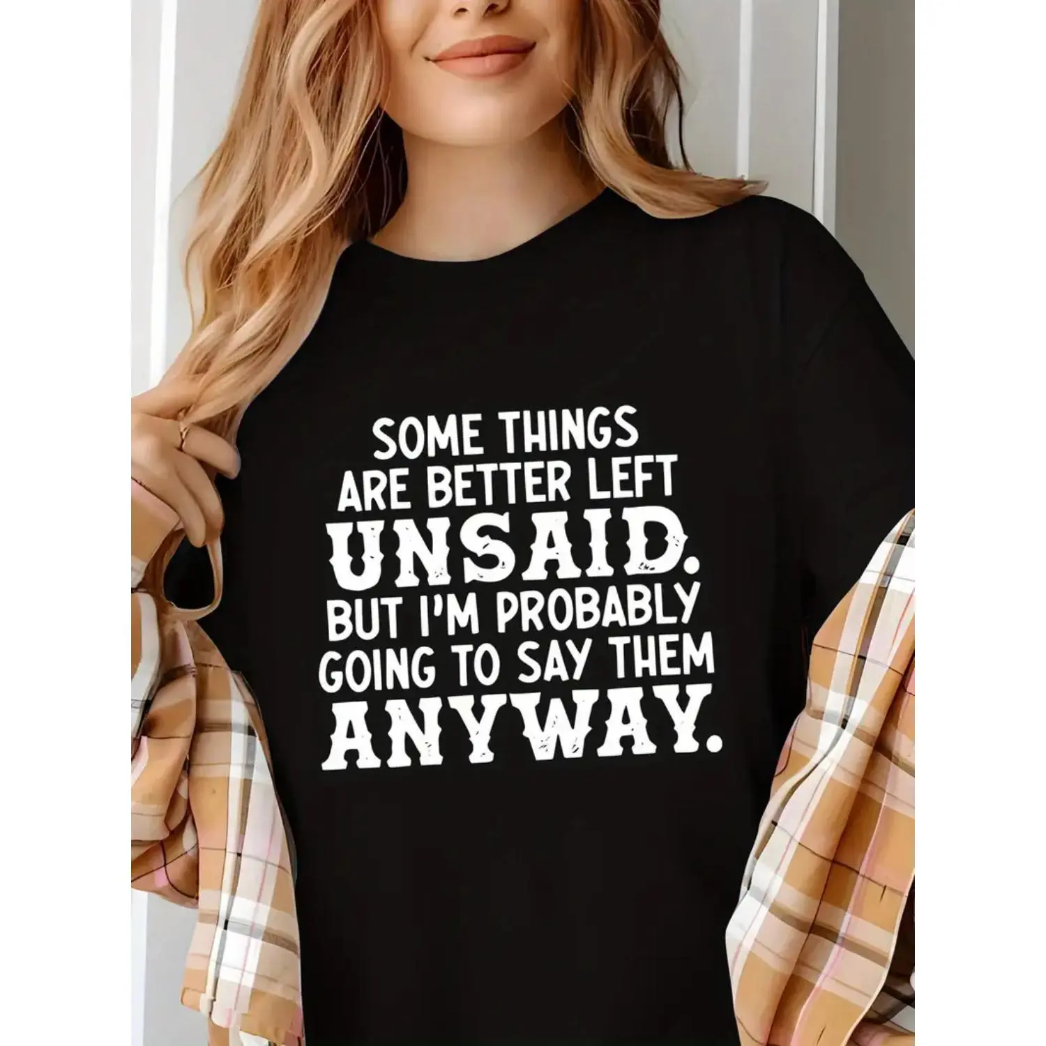 Women's Short-Sleeve Crew Neck Graphic T-Shirt - Chic, Slim-Fitting, Lightweight, Love-Themed with Unspoken Wisdom Quote, All Seasons, Ideal for Mum's Everyday Casual Top