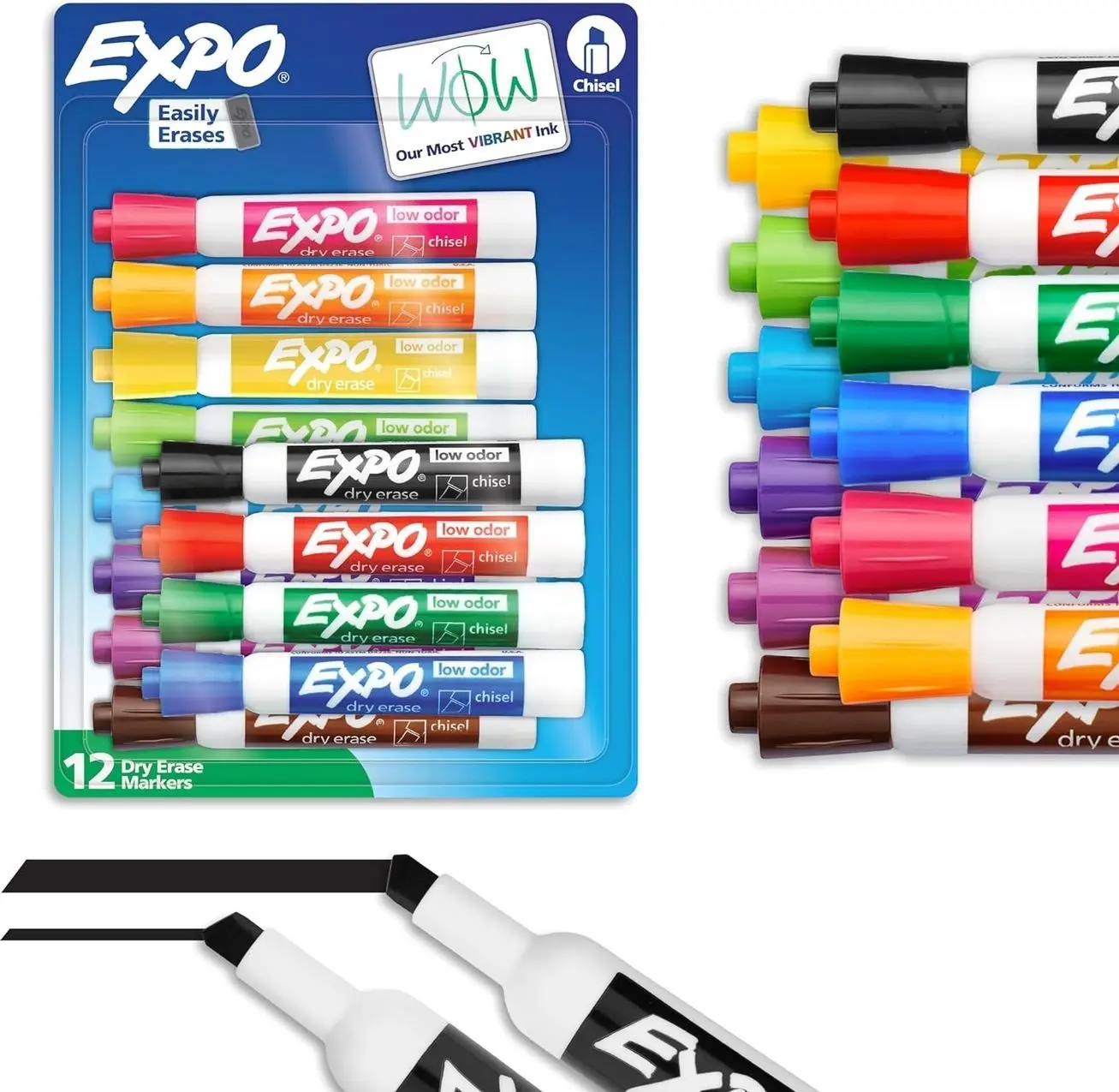EXPO Dry Erase Markers, Low Odor Ink, Assorted Colors, Chisel Tip, 12 Count