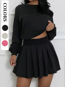 Women's Fashion Casual Set, Autumn Winter New Style Hoodie Long Sleeve Pullover Top and Pleated Mini Skirt