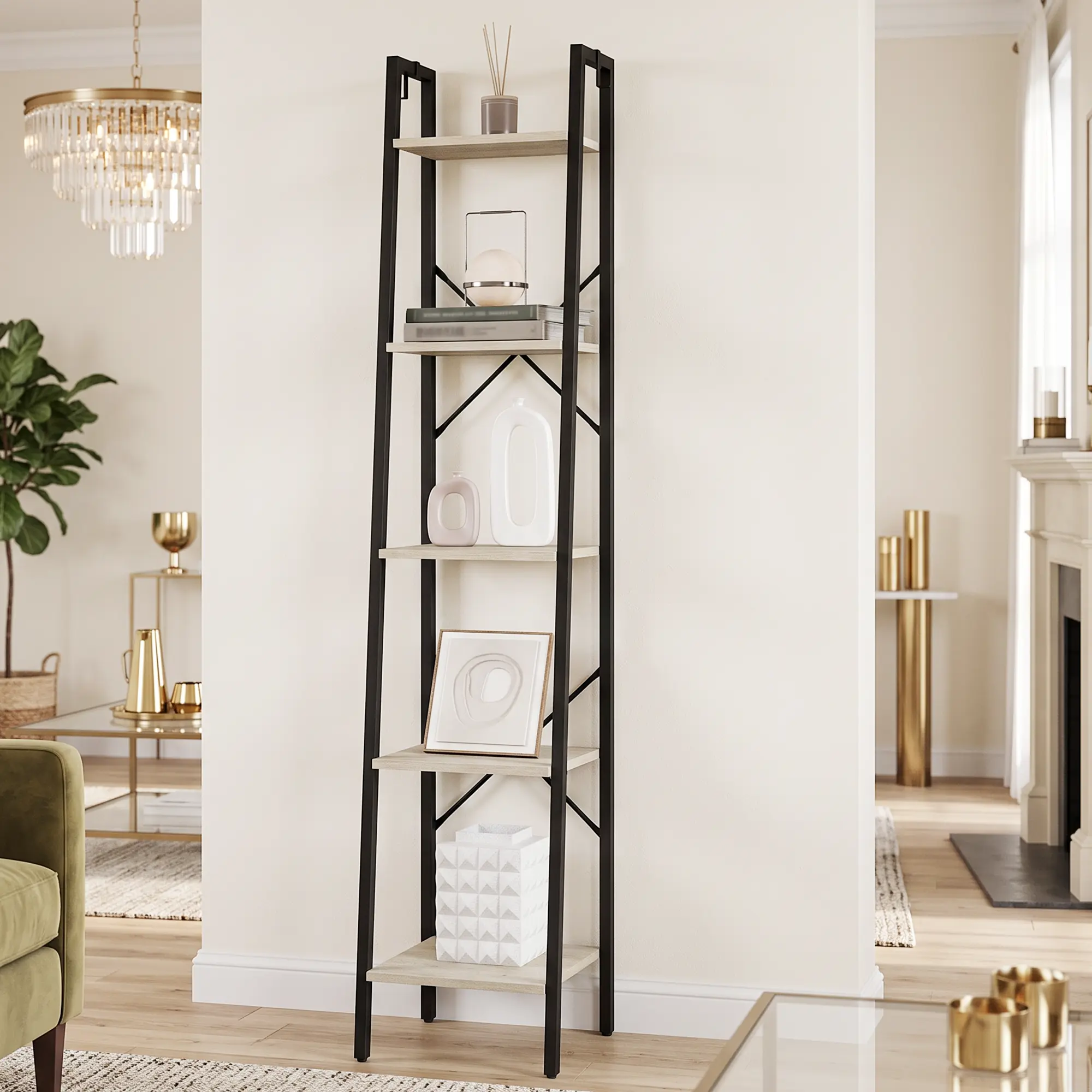 Hzuaneri Industrial Narrow Fit Plant Prop Ladder Shelf - Freestanding Corner Bookshelf with 2 Hooks, 13.4" Width for Home Office, Living Room, 13.4" Narrow Fit