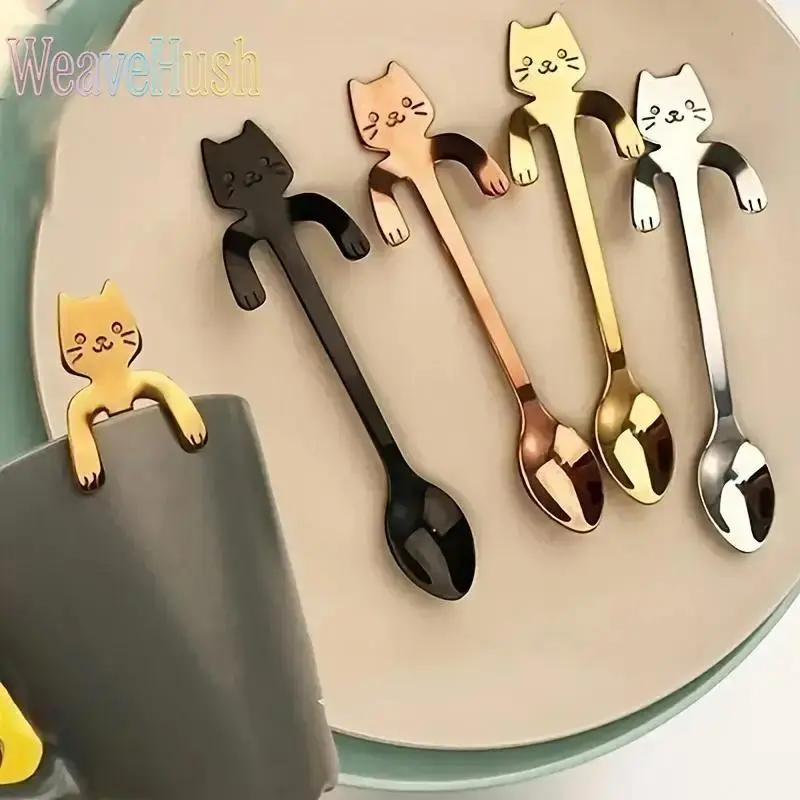 4Pcs Cute Cat Shaped Coffee Spoons Set, Stainless Steel Mini Teaspoons, Creative Dessert Spoons, Aesthetic Household Kitchen Utensils, Trendy Cat Kitchenware, Multipurpose Small Spoon for Home Cafe Daily Use & Gifting
