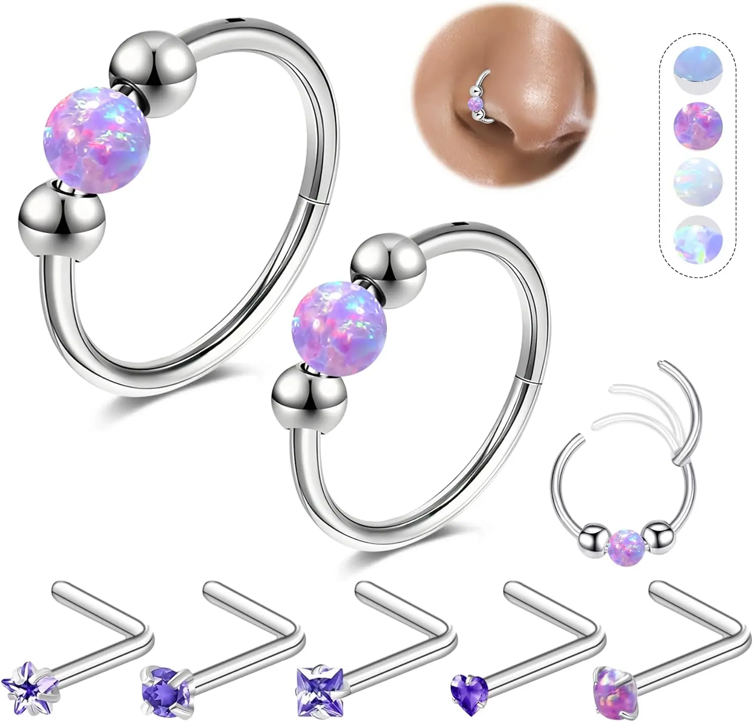 7 count Nose Rings Set 18G Opal Hoops and 20G L-Shaped Studs for Women Men  316L Surgical Steel   Septum Ring, Cartilage Earring