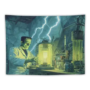 Mysterious Science Lab Tapestry White - coated Frankenstein Operating Glowing Device Lightning and Stone Wall Background with Experimental Tools for Mystical Atmosphere