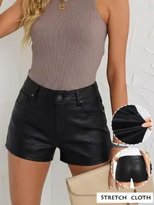 GILIPUR Women's High-Waisted Faux Leather Shorts — Black, Slimming Straight-Leg PU Hot Pants | "Spicy Girl" Casual Style, Versatile Everyday Wear | TChic