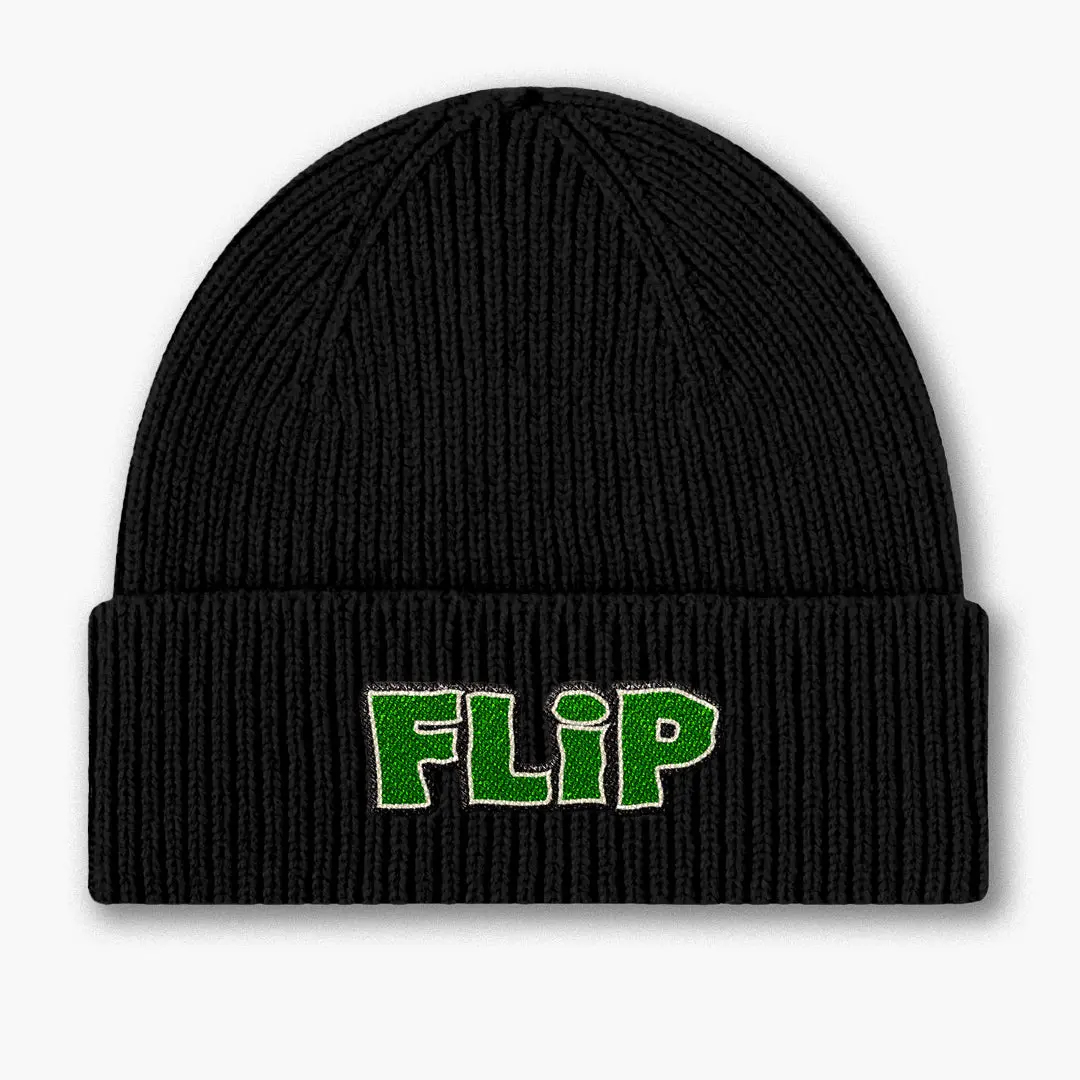 Meltdown Logo Beanie - Black Beanie with Green "FLIP" Text, Classic Design, Soft Knit Fabric