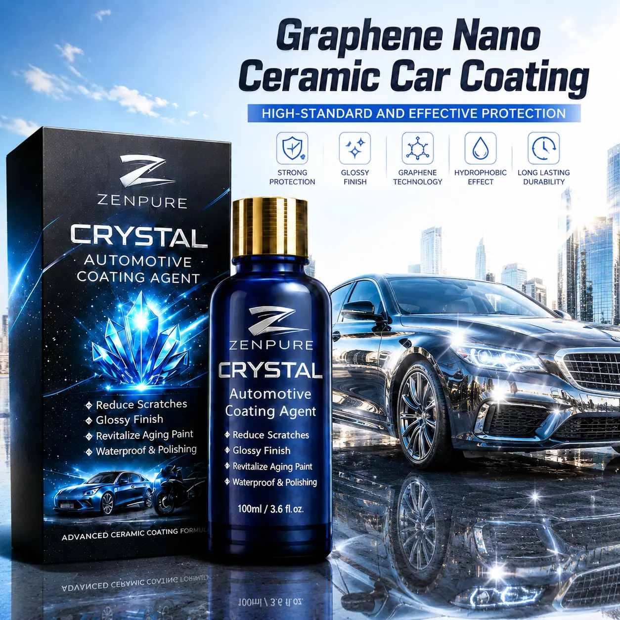 Graphene Nano Ceramic Car Coating Kit Crystal Serum for Paint Protection Ultra Gloss Hydrophobic Scratch Resistant Easy DIY Application Long Lasting 100ml