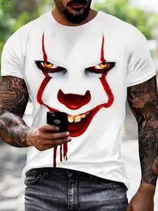 Men's Horror Clown Print T-Shirt, Halloween Pennywise Bloody Funny Short Sleeve Top, Fashion Comfortable Design, Ideal Gift Choice