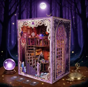 Tarot Society Book Nook Kit with Light, DIY Miniature House Kit, Wooden Handmade Puzzle Bookend, Decorative Model, Wooden Puzzle Dollhouse, Magic World Wooden House Kit, Light Gift for Adults