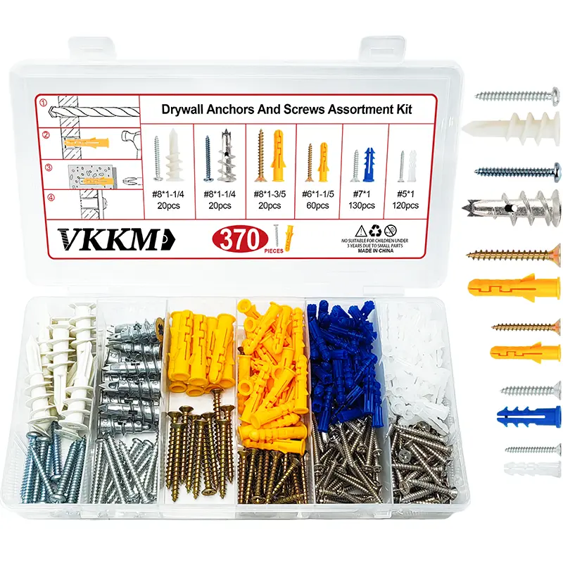 VKKM 370Pcs Drywall Wall Anchors and Screws Assortment Kit, 5 Sizes Nylon Plastic Wall Anchors with Galvanized Wood Screws, Wall Anchor Fasteners for Drywall, Concrete, Brick, Plaster, Home Decoration Hanging Mounting