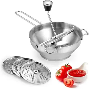 Stainless Steel Food Mill, Tomato Mill Potato Ricer with 3 Interchangeable Discs Manual Rotary Food Mill Tomatoes Masher Grinder for Homemade Ketchup Tomato Sauce Jams Liquid Food Puree